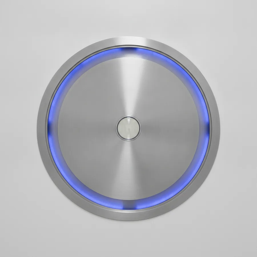 A circular vault door with a glowing blue ring seam
